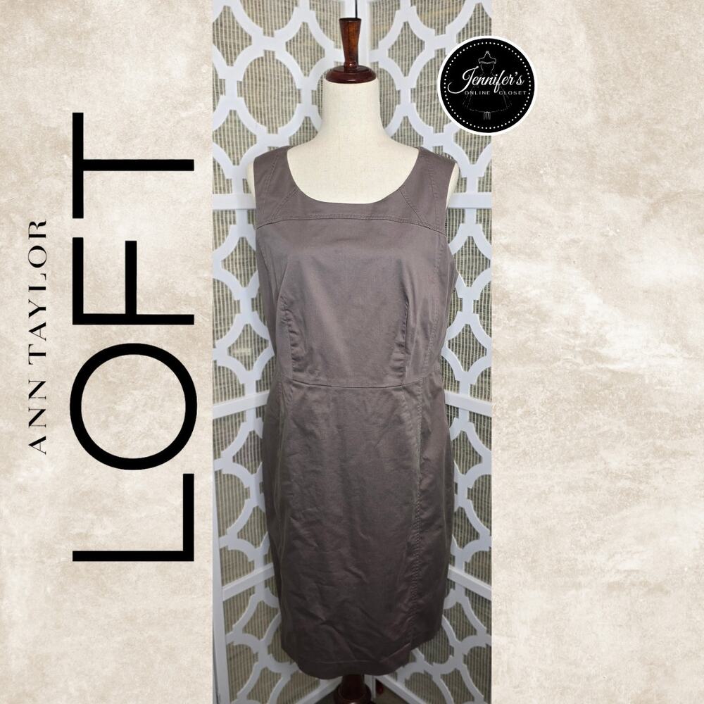 LOFT Dark Taupe Brown Purple Scoop Neck Sleeveless Sheath Dress Size 14